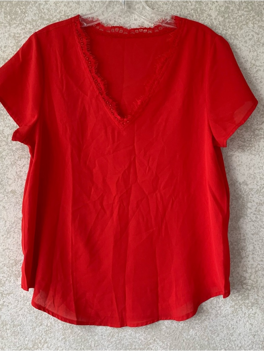 Women's Red V-Neck Lace Trim Blouse Small Romantic‎ Breathable Career Silky